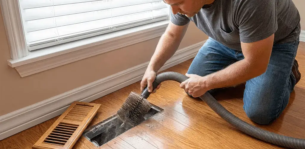 Air duct cleaning technician vacuuming a floor vent and duct opening in Sterling Heights, MI