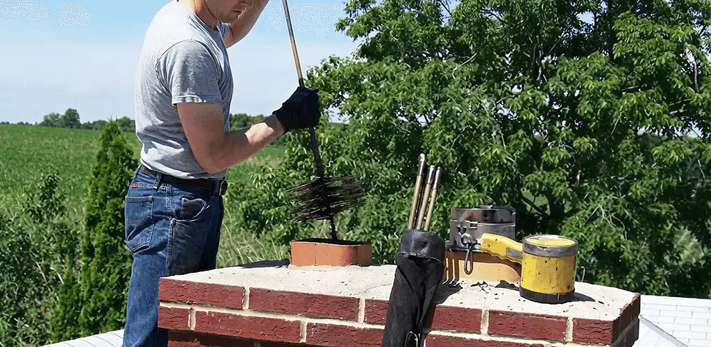 Chimney cleaning technician working on a rooftop chimney with professional tools in Sterling Heights, MI