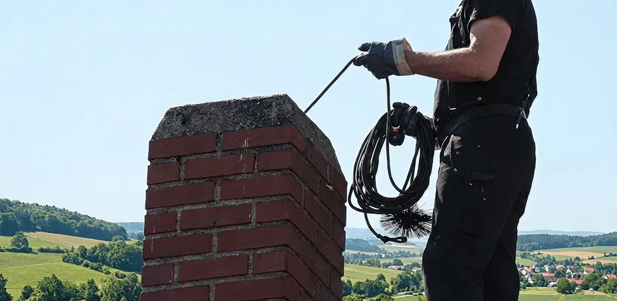 Chimney sweep inspecting and cleaning a rooftop chimney in Sterling Heights, MI