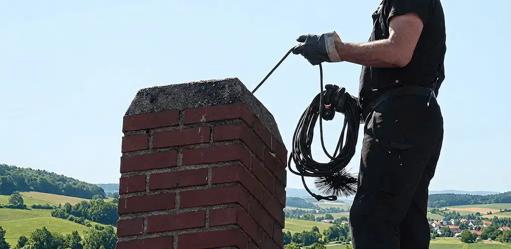 Chimney sweep inspecting and cleaning a rooftop chimney in Sterling Heights, MI