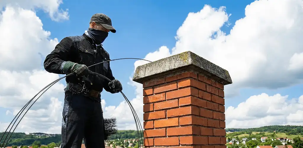 Chimney sweep cleaning a brick chimney with professional tools in Sterling Heights, MI