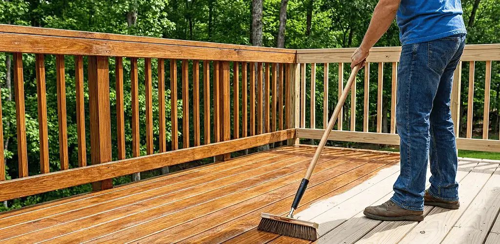 Deck staining and sealing application on a wood deck in Sterling Heights, MI