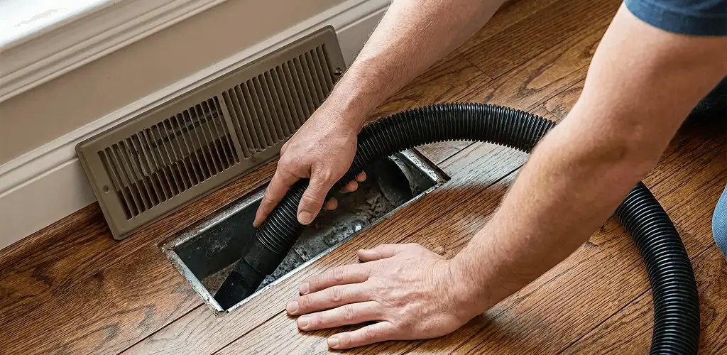 Air duct cleaning technician vacuuming a floor register and duct opening in Sterling Heights, MI