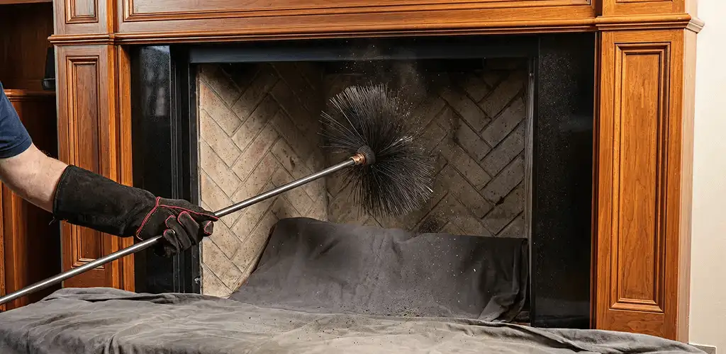 Chimney cleaning service brushing soot from a fireplace and flue in Sterling Heights, MI