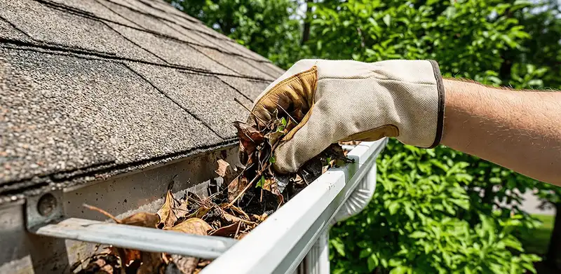 Gutter cleaning removing leaves and debris from roof gutters in Sterling Heights, MI