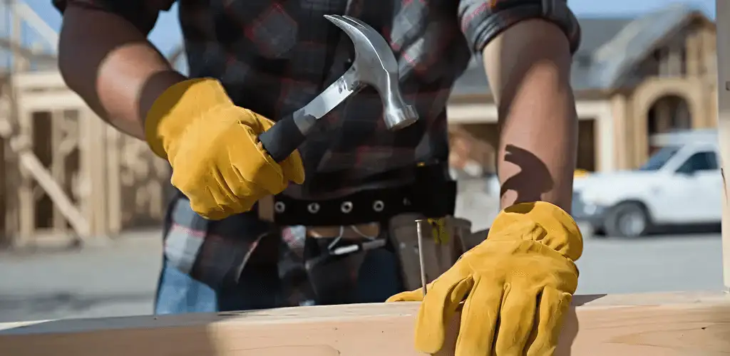 Handyman fixing wood trim with a hammer for home repairs in Sterling Heights, MI