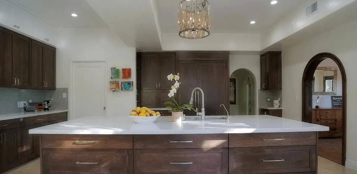 Cabinet refacing project with updated kitchen cabinets and island in Sterling Heights, MI