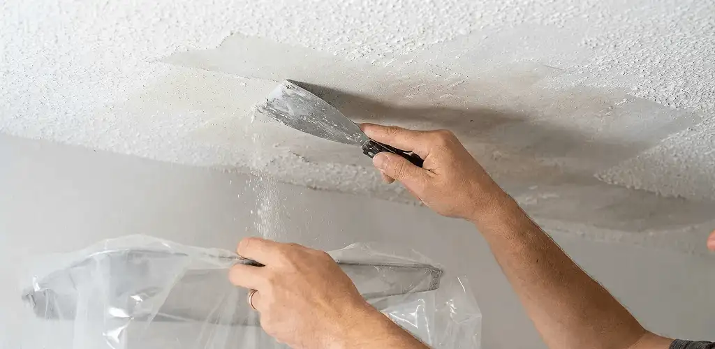 Popcorn ceiling removal technician scraping texture from a ceiling in Sterling Heights, MI