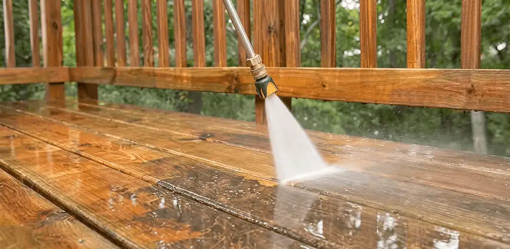 Pressure washing a wood deck to remove dirt and buildup in Sterling Heights, MI