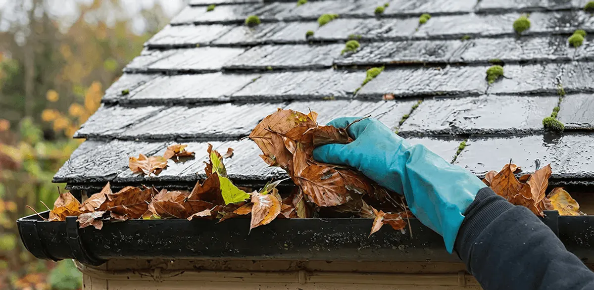 Gutter cleaning technician clearing wet leaves from roof gutters in Sterling Heights, MI