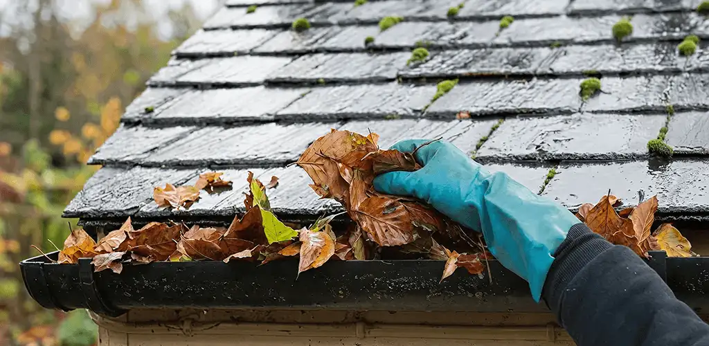 Gutter cleaning technician clearing wet leaves from roof gutters in Sterling Heights, MI