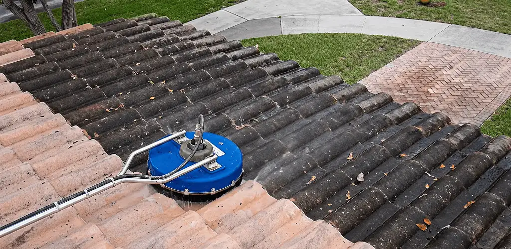 Roof pressure cleaning removing debris and buildup from roof tiles in Sterling Heights, MI