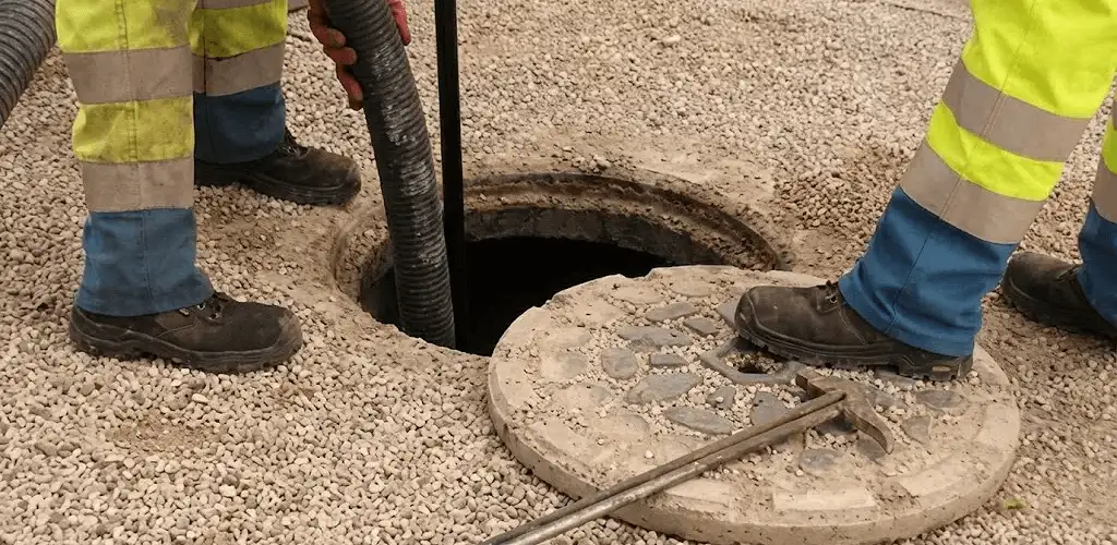 Drain cleaning crew clearing a sewer access point with professional equipment in Sterling Heights, MI