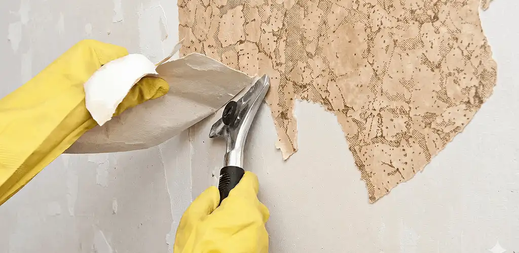 Wallpaper removal service stripping old wallpaper from a wall in Sterling Heights, MI